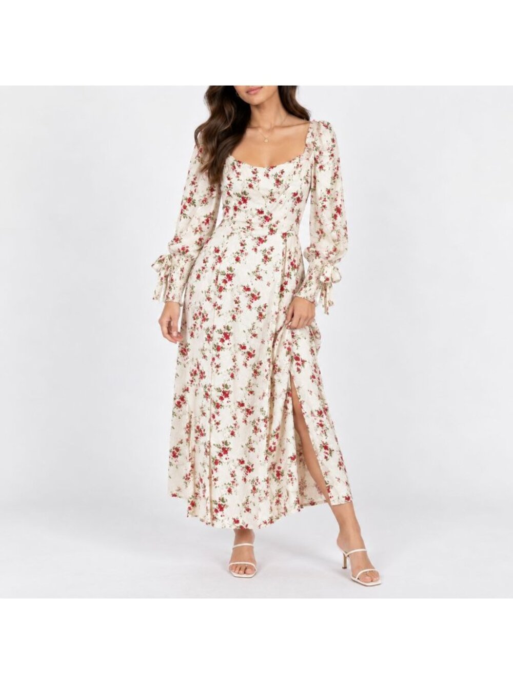 Reformation Floral Maxi Dress Cream XS Rose Print Long Sleeve Boho Cottagecore